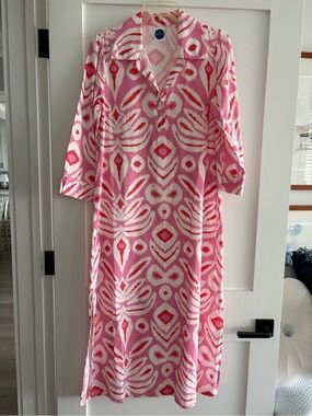 Pink Patterned Collared Maxi Dress with Three-Quarter Sleeves M.